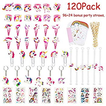 Goddess Aalto 120 Piece Unicorn Party Favors,Rainbow Unicorn Theme Supplies With Bracelets,Keychain,Bookmark,Goodie Bags,Hairpin,Rings,Straw,Tattoos Sticker for Kids Birthday Party Toys,Game Reward 